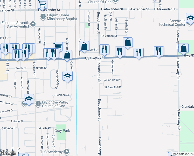 map of restaurants, bars, coffee shops, grocery stores, and more near 603 Anderson Street in Greenville