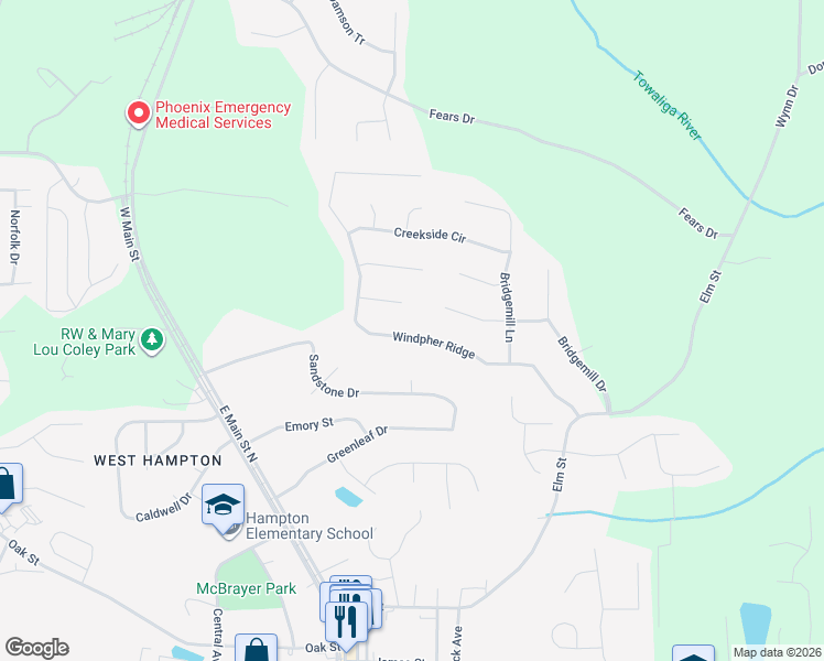 map of restaurants, bars, coffee shops, grocery stores, and more near 90 Oakmont Court in Hampton