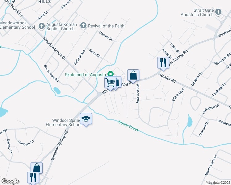 map of restaurants, bars, coffee shops, grocery stores, and more near 2450 Windsor Spring Road in Augusta
