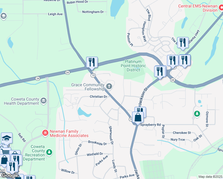 map of restaurants, bars, coffee shops, grocery stores, and more near 75 Roscoe Road in Newnan