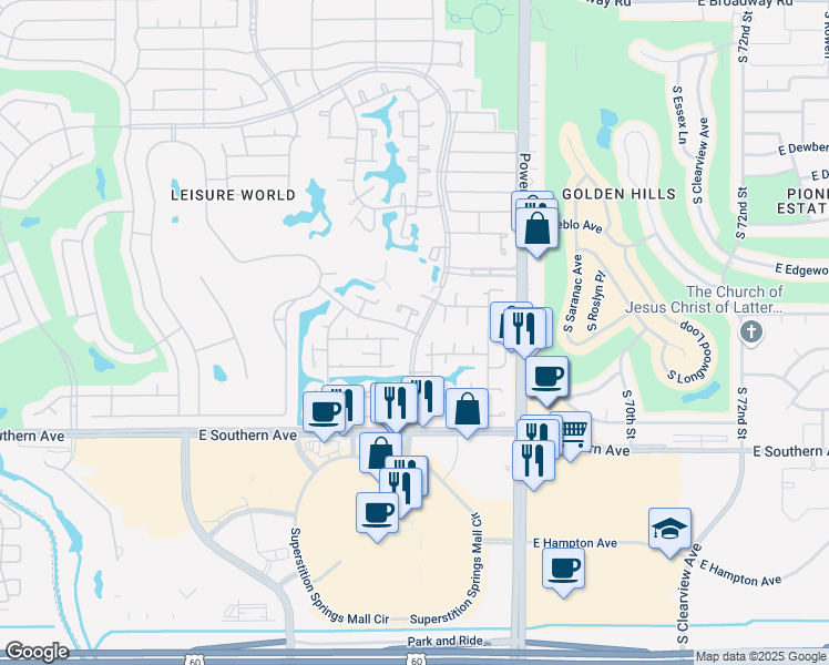 map of restaurants, bars, coffee shops, grocery stores, and more near 242 Leisure World in Mesa