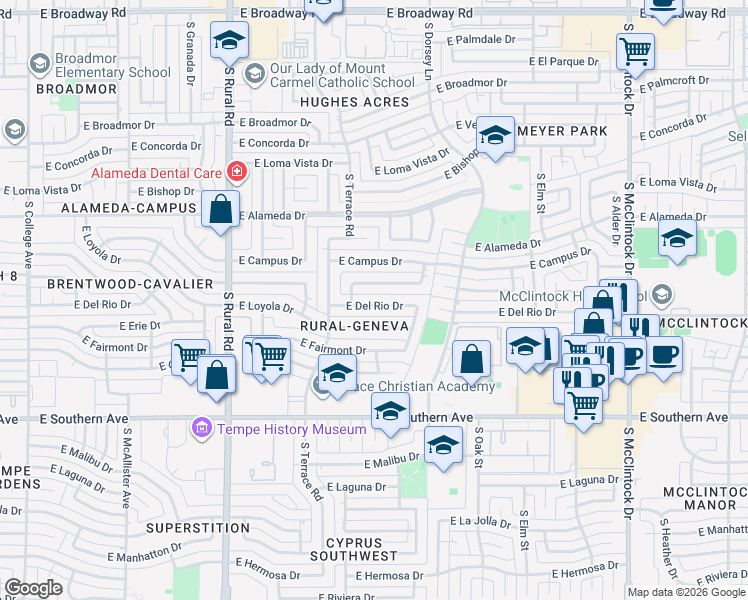 map of restaurants, bars, coffee shops, grocery stores, and more near 1207 East Wesleyan Drive in Tempe