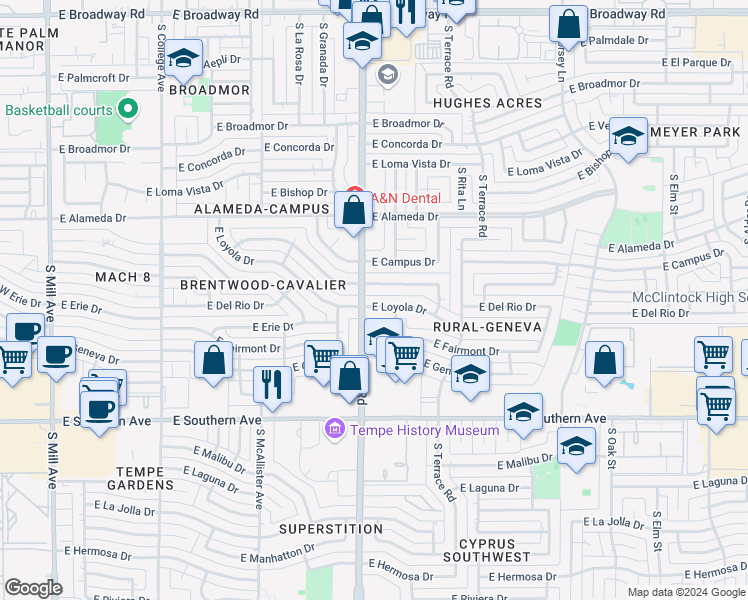 map of restaurants, bars, coffee shops, grocery stores, and more near 917 East Wesleyan Drive in Tempe