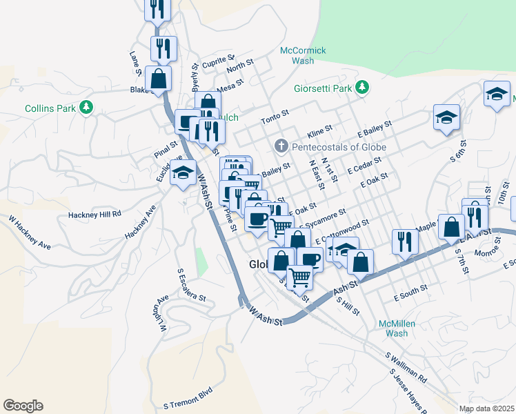map of restaurants, bars, coffee shops, grocery stores, and more near 175 E Cedar St in Globe