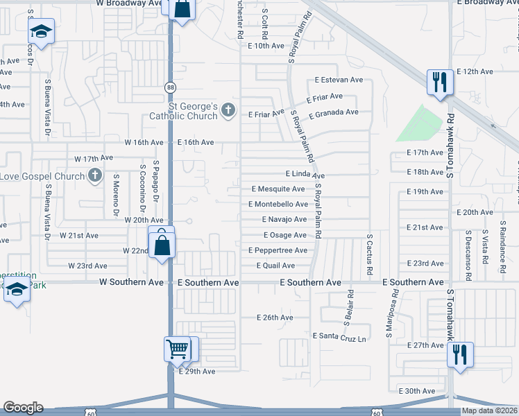 map of restaurants, bars, coffee shops, grocery stores, and more near 540 East Montebello Avenue in Apache Junction