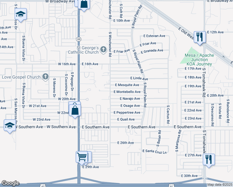 map of restaurants, bars, coffee shops, grocery stores, and more near 408 East Montebello Avenue in Apache Junction