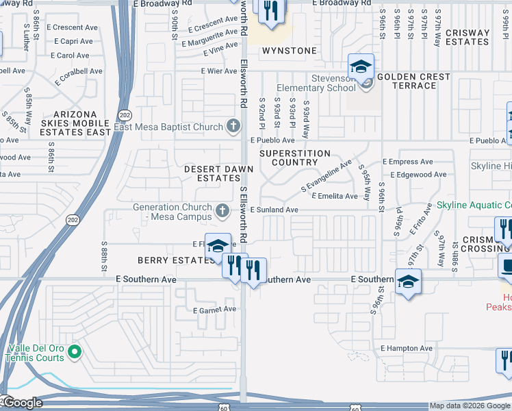 map of restaurants, bars, coffee shops, grocery stores, and more near 9231 East Enid Avenue in Mesa