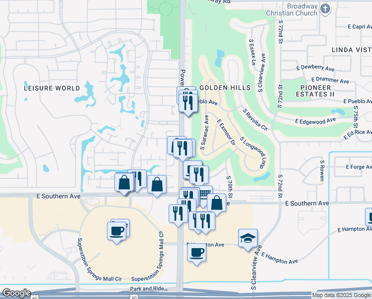 map of restaurants, bars, coffee shops, grocery stores, and more near 955 South Power Road in Mesa
