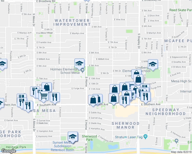 map of restaurants, bars, coffee shops, grocery stores, and more near 832 East 10th Avenue in Mesa