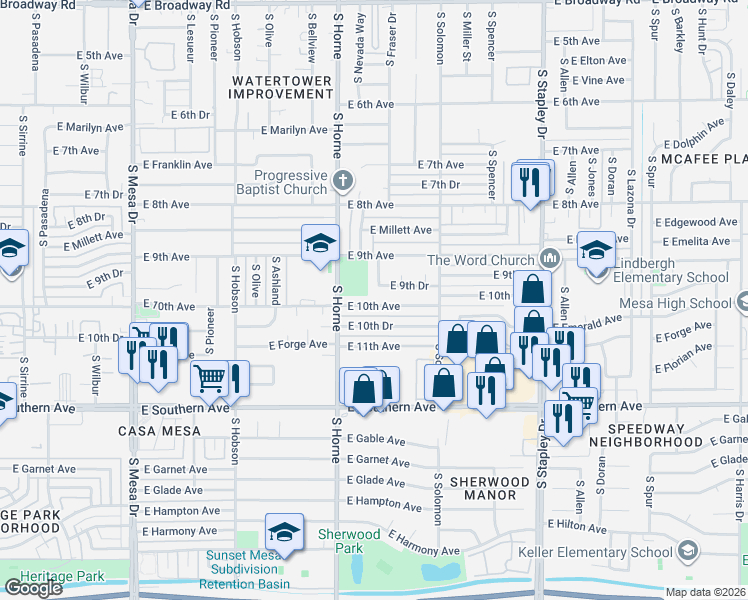 map of restaurants, bars, coffee shops, grocery stores, and more near 832 East 10th Avenue in Mesa