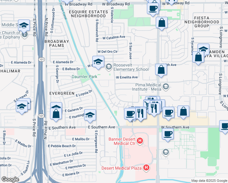 map of restaurants, bars, coffee shops, grocery stores, and more near 2262 West Enid Avenue in Mesa