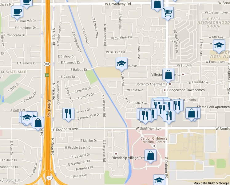 map of restaurants, bars, coffee shops, grocery stores, and more near 2333 West El Moro Circle in Mesa