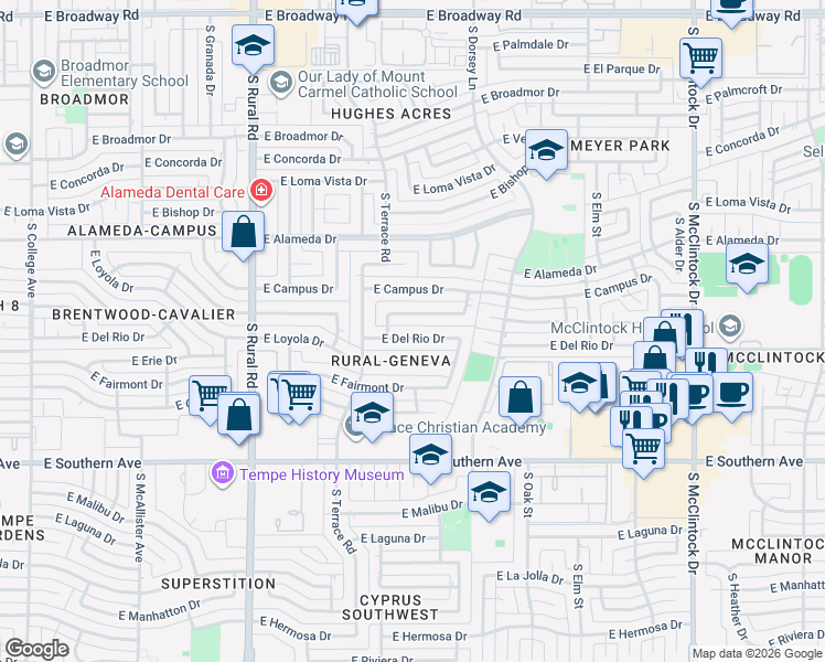 map of restaurants, bars, coffee shops, grocery stores, and more near 1207 East Wesleyan Drive in Tempe