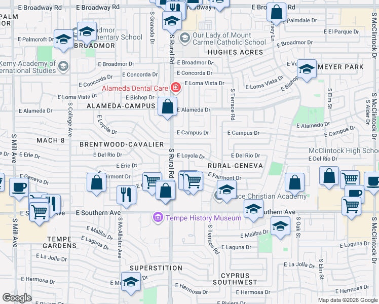 map of restaurants, bars, coffee shops, grocery stores, and more near 917 East Wesleyan Drive in Tempe