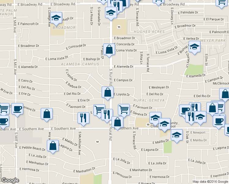 map of restaurants, bars, coffee shops, grocery stores, and more near 917 East Wesleyan Drive in Tempe