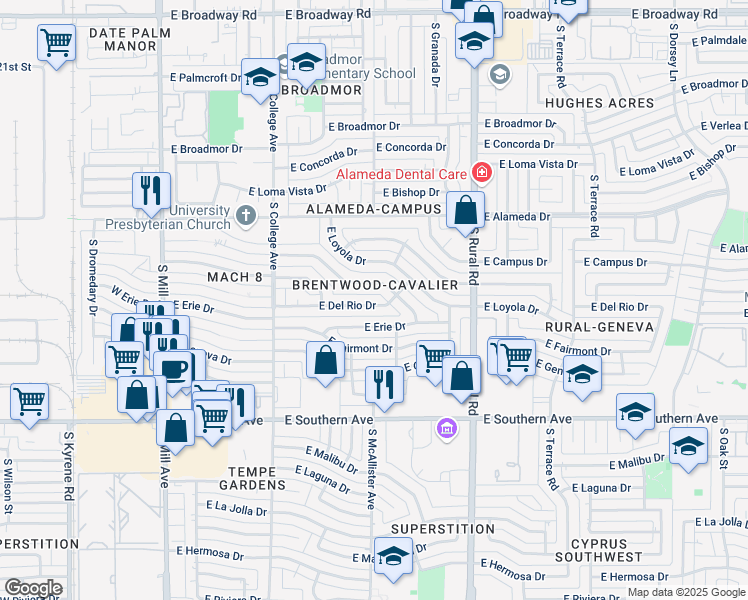 map of restaurants, bars, coffee shops, grocery stores, and more near 619 East Balboa Drive in Tempe