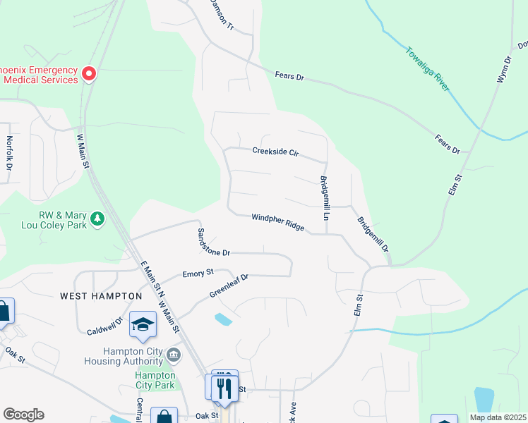 map of restaurants, bars, coffee shops, grocery stores, and more near 220 Windpher Ridge in Hampton
