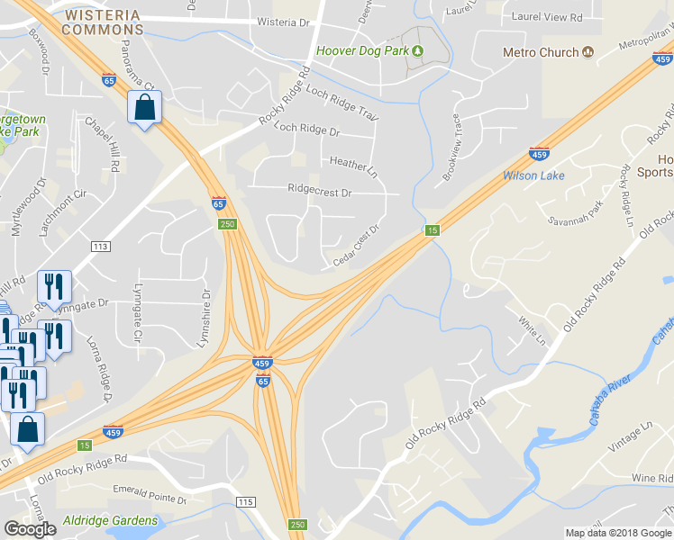 map of restaurants, bars, coffee shops, grocery stores, and more near 1003 Cedar Crest Drive in Birmingham