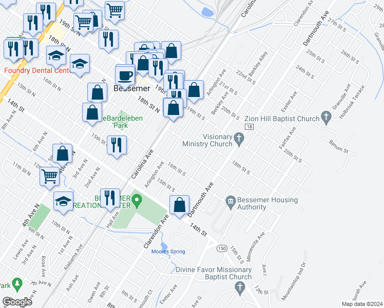 map of restaurants, bars, coffee shops, grocery stores, and more near 1715 Berkley Avenue in Bessemer