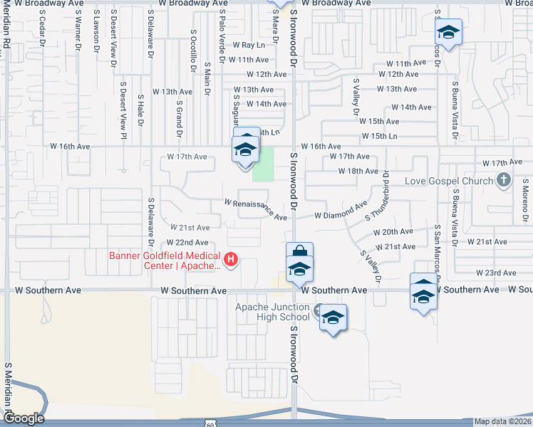 map of restaurants, bars, coffee shops, grocery stores, and more near 1779 West Renaissance Avenue in Apache Junction