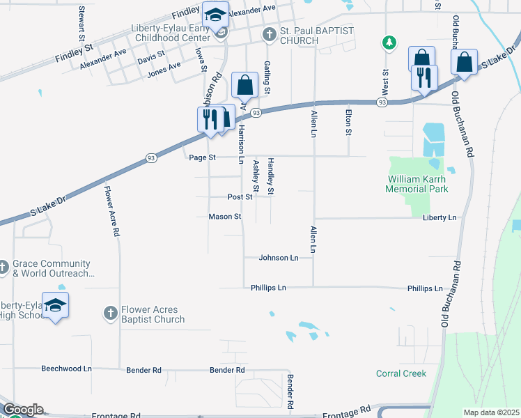map of restaurants, bars, coffee shops, grocery stores, and more near 2203 Ashley Street in Texarkana