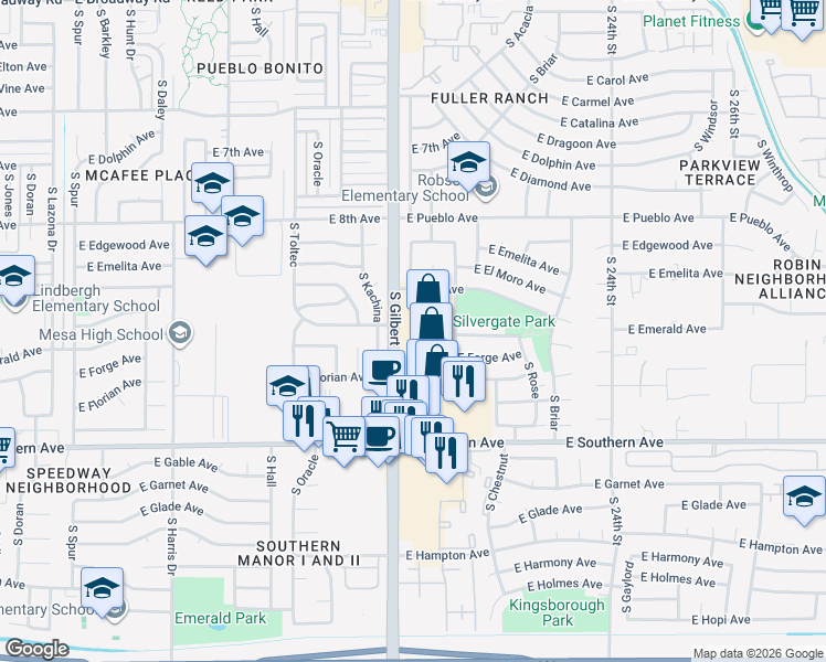 map of restaurants, bars, coffee shops, grocery stores, and more near 1107 South Gilbert Road in Mesa
