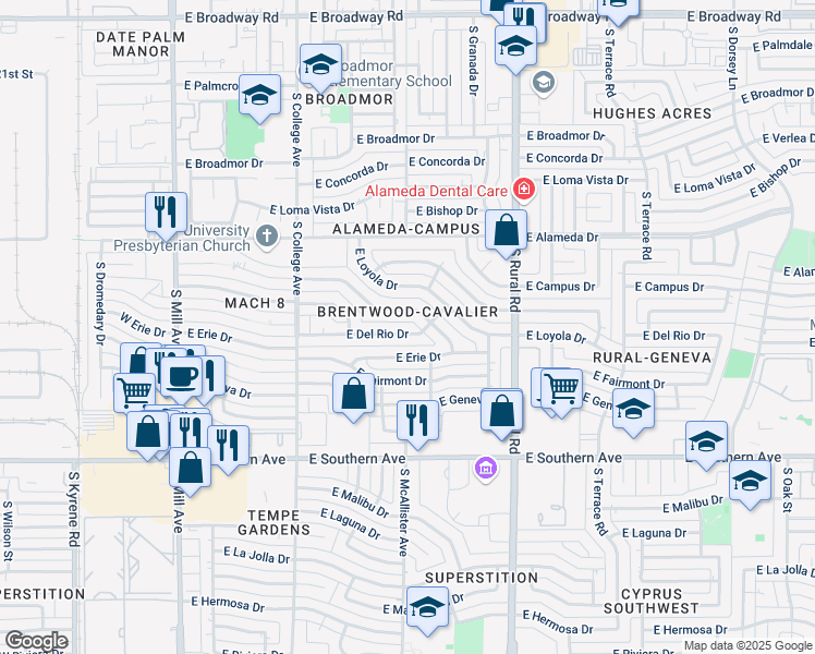 map of restaurants, bars, coffee shops, grocery stores, and more near 619 East Balboa Drive in Tempe