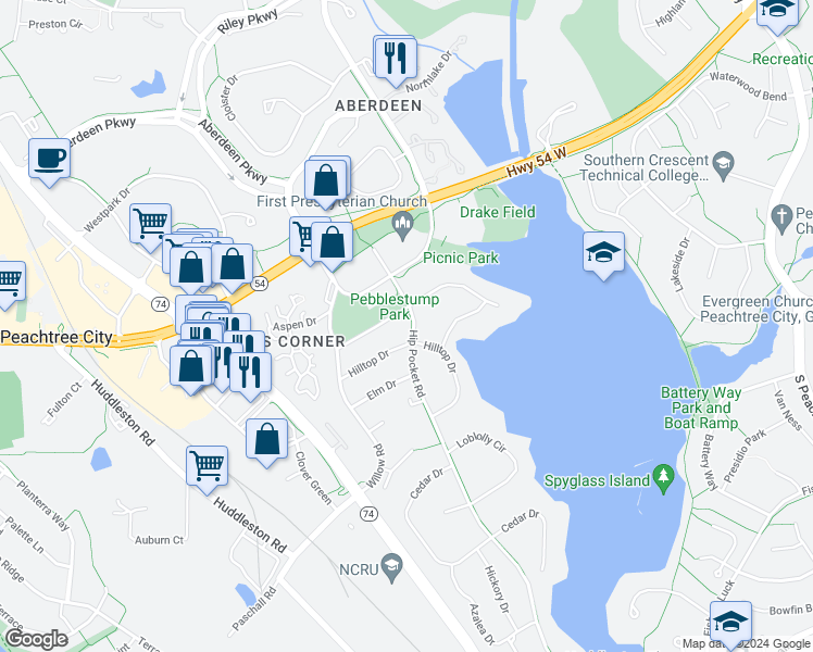 map of restaurants, bars, coffee shops, grocery stores, and more near 304 Hip Pocket Road in Peachtree City
