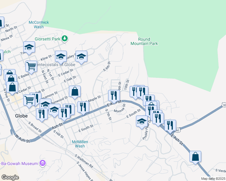 map of restaurants, bars, coffee shops, grocery stores, and more near 1416 East Sierra Vista Drive in Globe