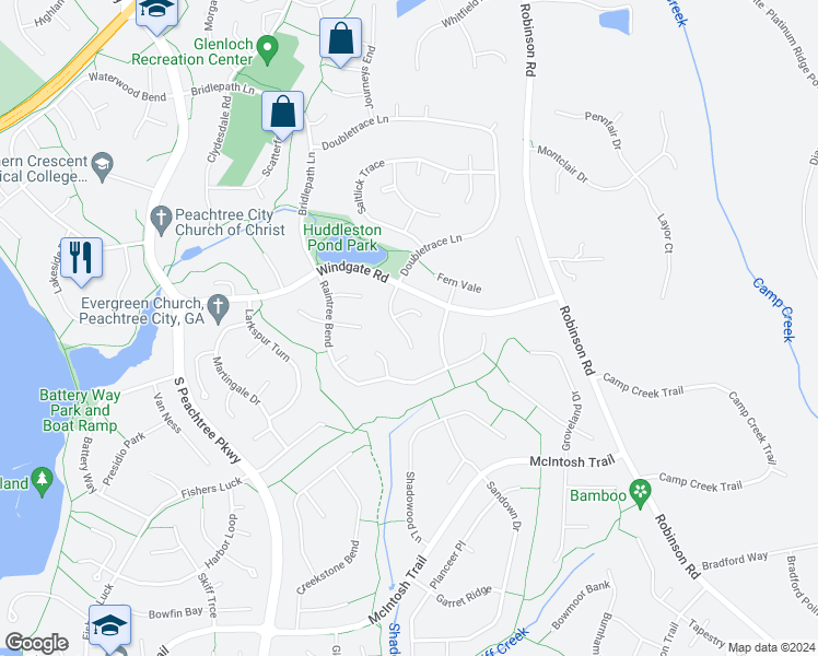 map of restaurants, bars, coffee shops, grocery stores, and more near 203 Hearthstone Reach in Peachtree City