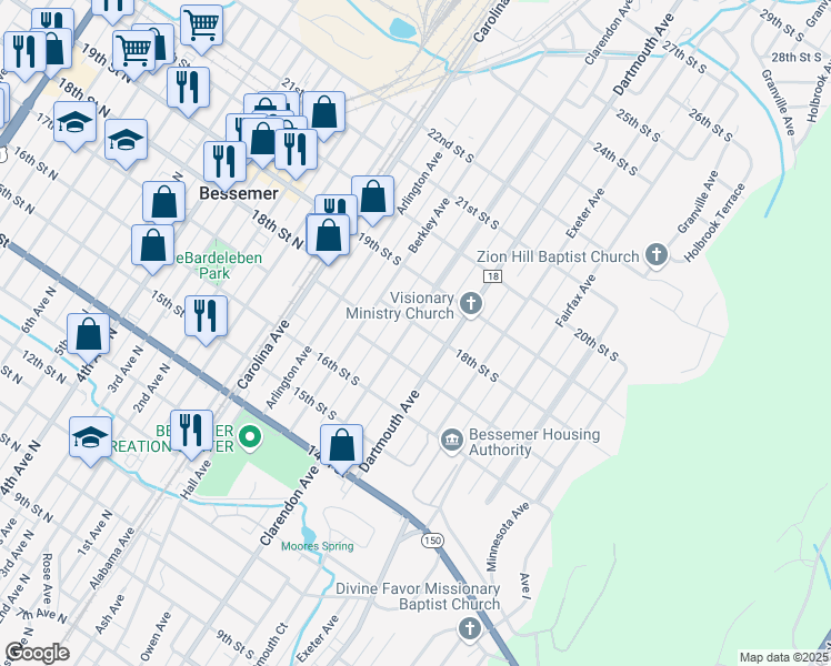 map of restaurants, bars, coffee shops, grocery stores, and more near 1731 Clarendon Avenue in Bessemer