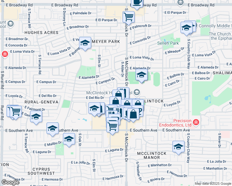 map of restaurants, bars, coffee shops, grocery stores, and more near 1657 East Wesleyan Drive in Tempe