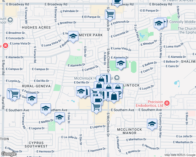 map of restaurants, bars, coffee shops, grocery stores, and more near 1657 East Wesleyan Drive in Tempe