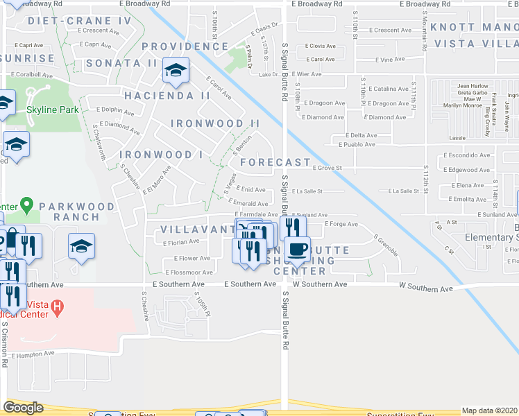map of restaurants, bars, coffee shops, grocery stores, and more near 10721 East Emerald Avenue in Mesa