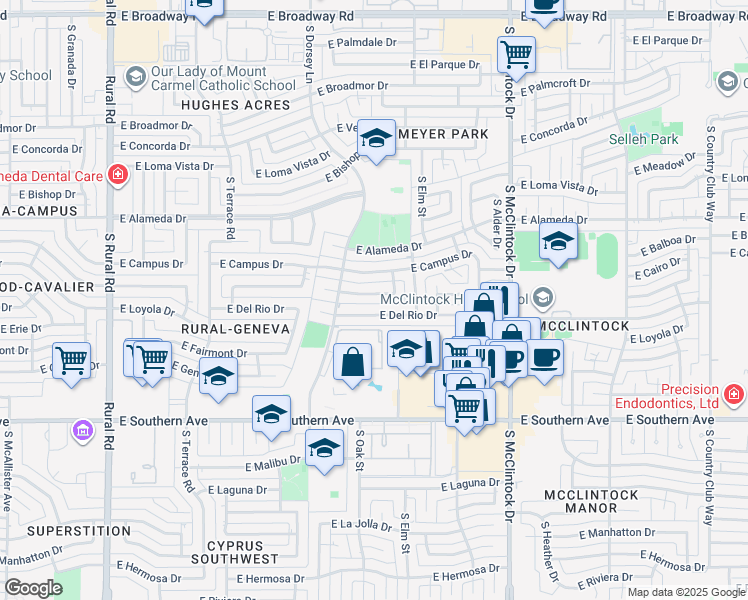 map of restaurants, bars, coffee shops, grocery stores, and more near 1401 E Wesleyan Dr in Tempe