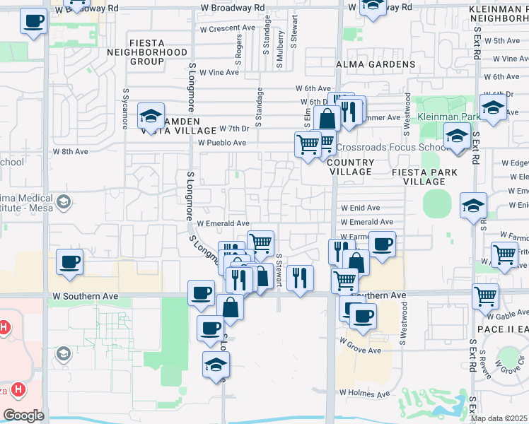 map of restaurants, bars, coffee shops, grocery stores, and more near 1342 West Emerald Avenue in Mesa