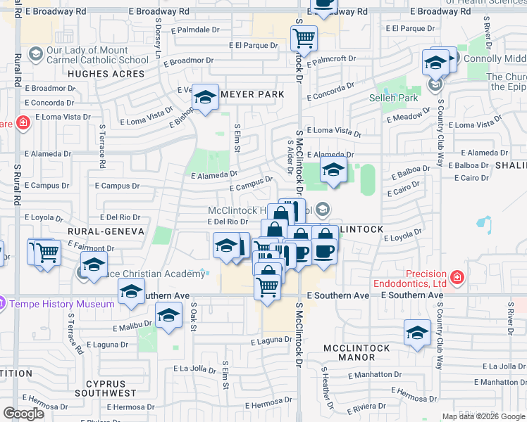 map of restaurants, bars, coffee shops, grocery stores, and more near 1624 East Wesleyan Drive in Tempe