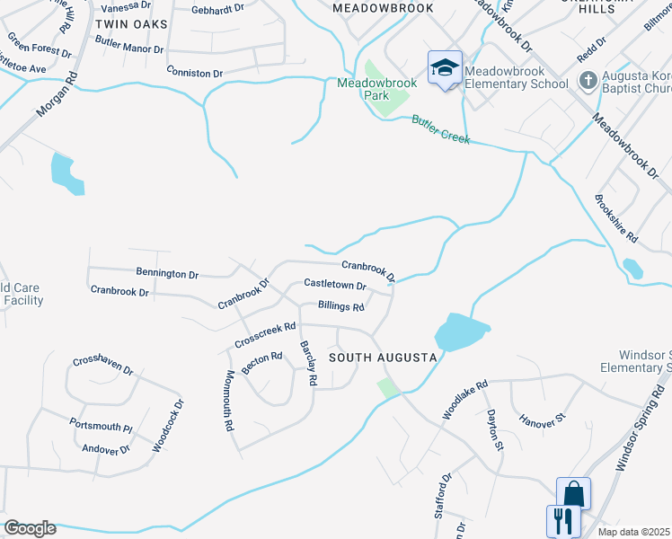 map of restaurants, bars, coffee shops, grocery stores, and more near 2638 Cranbrook Drive in Hephzibah