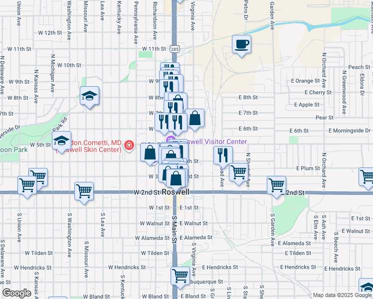 map of restaurants, bars, coffee shops, grocery stores, and more near 126 East 5th Street in Roswell