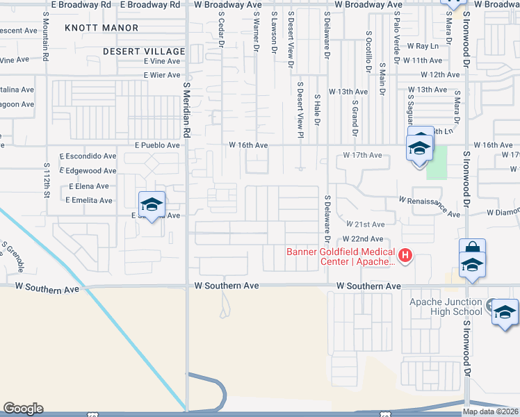 map of restaurants, bars, coffee shops, grocery stores, and more near 2101 South Meridian Road in Apache Junction