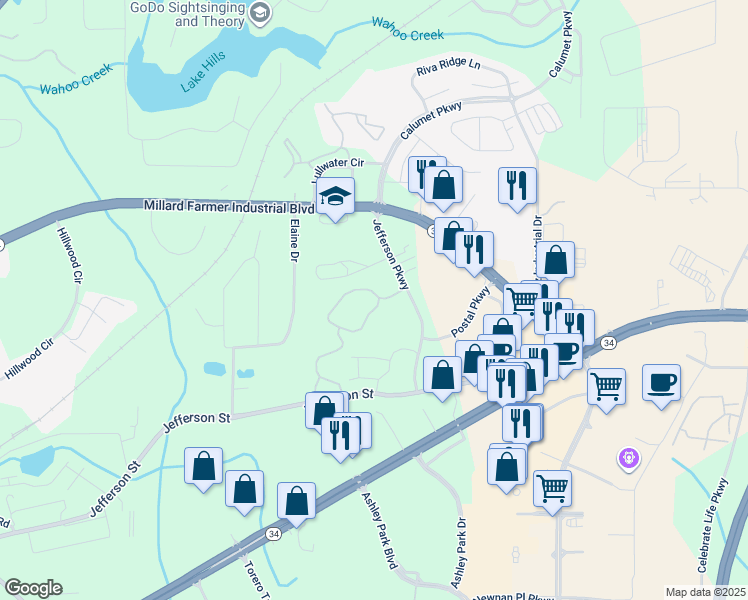 map of restaurants, bars, coffee shops, grocery stores, and more near 140 Jefferson Parkway in Newnan
