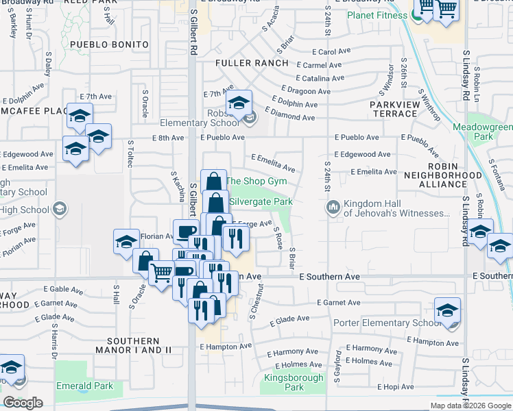 map of restaurants, bars, coffee shops, grocery stores, and more near 2202 East Farmdale Avenue in Mesa