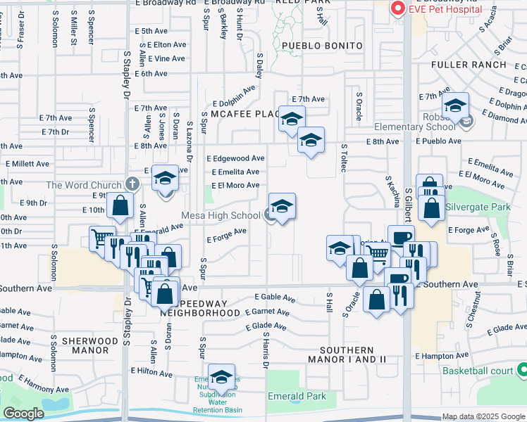 map of restaurants, bars, coffee shops, grocery stores, and more near 800 South Harris Drive in Mesa