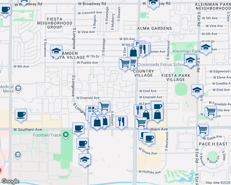 map of restaurants, bars, coffee shops, grocery stores, and more near Villas Mesa III Apartments in Mesa