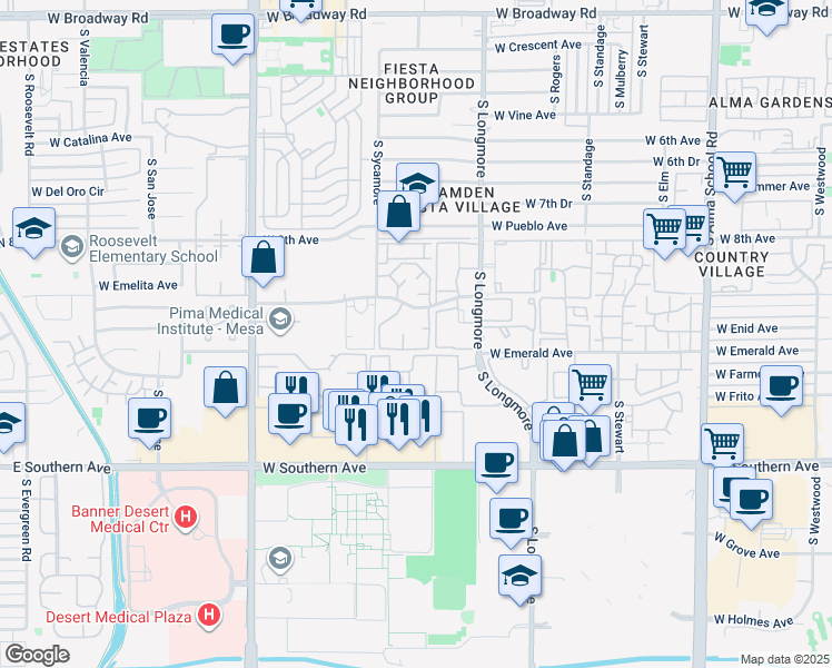 map of restaurants, bars, coffee shops, grocery stores, and more near 1727 West Emelita Avenue in Mesa