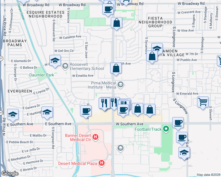 map of restaurants, bars, coffee shops, grocery stores, and more near 901 South Dobson Road in Mesa