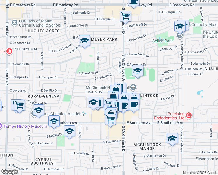 map of restaurants, bars, coffee shops, grocery stores, and more near 1624 East Wesleyan Drive in Tempe
