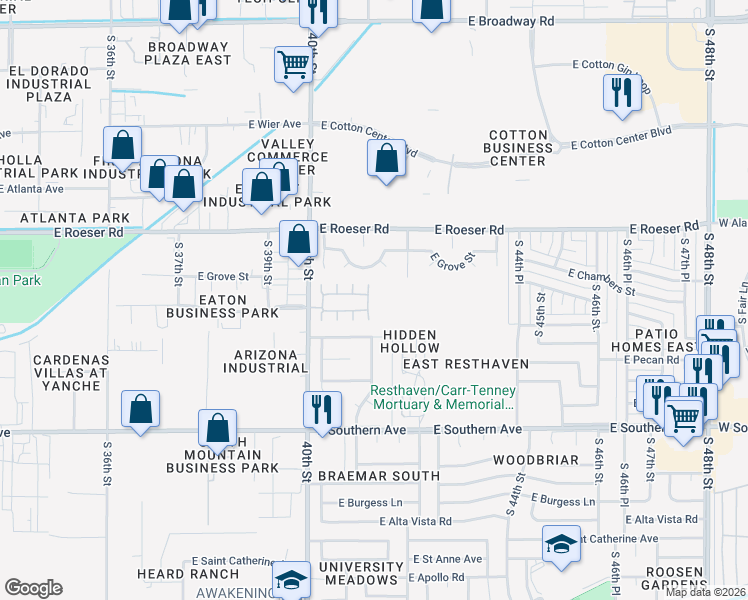 map of restaurants, bars, coffee shops, grocery stores, and more near 4140 East Chambers Street in Phoenix
