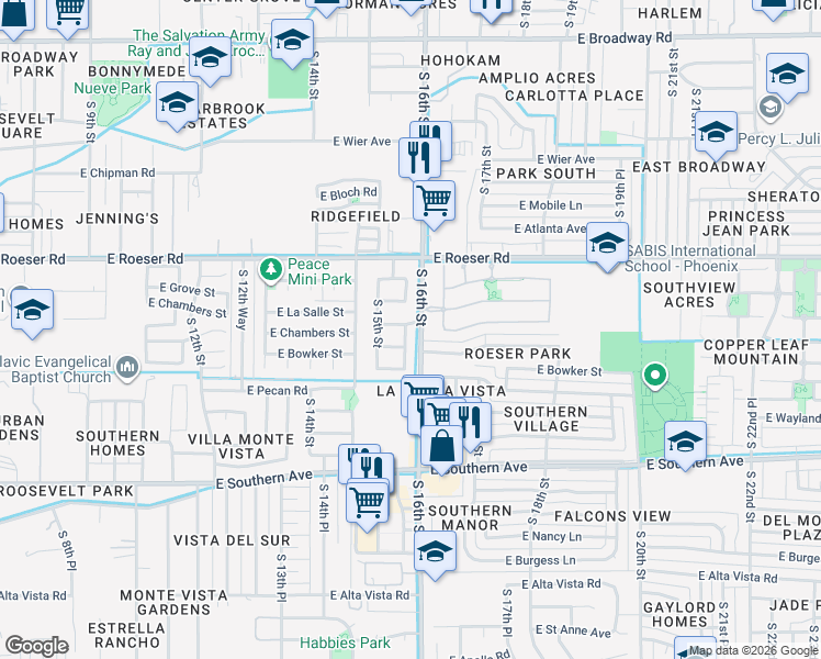 map of restaurants, bars, coffee shops, grocery stores, and more near 5416 South 16th Place in Phoenix