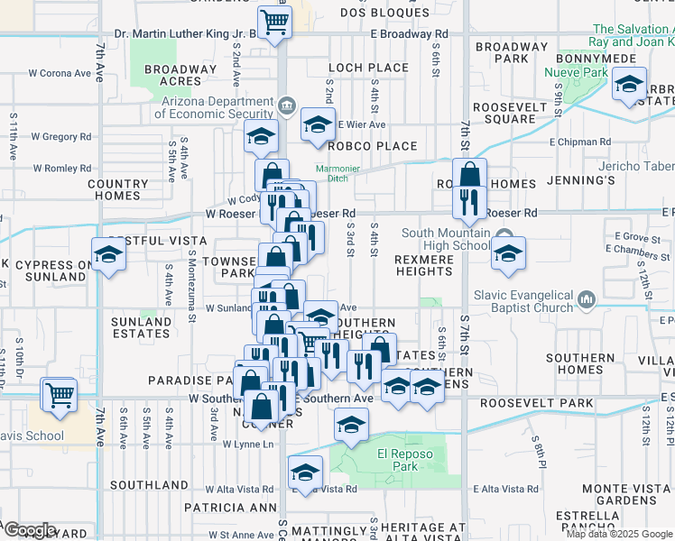map of restaurants, bars, coffee shops, grocery stores, and more near 5402 South 3rd Street in Phoenix
